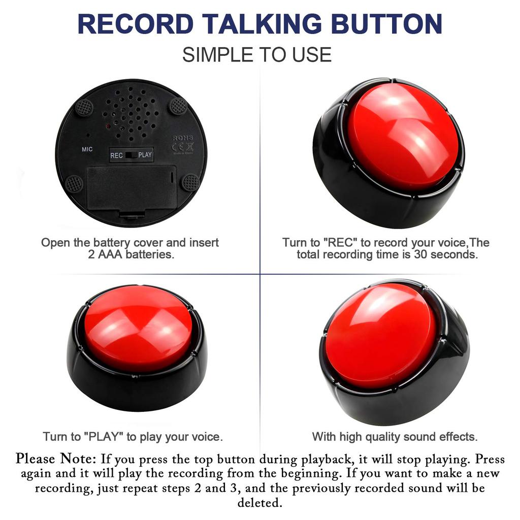 Answer Buzzer, Recording Toy Button with Sound and Quick Answer Button (Red+Black-M4)