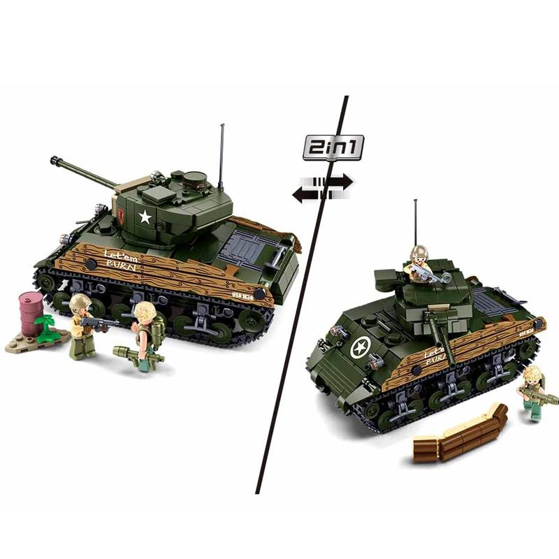 715PCS M4A3 Medium Tank Model Bricks WW2 Classic Army Armored Tank Figure Building Blocks Set DIY Toys For Chilren Gifts no box