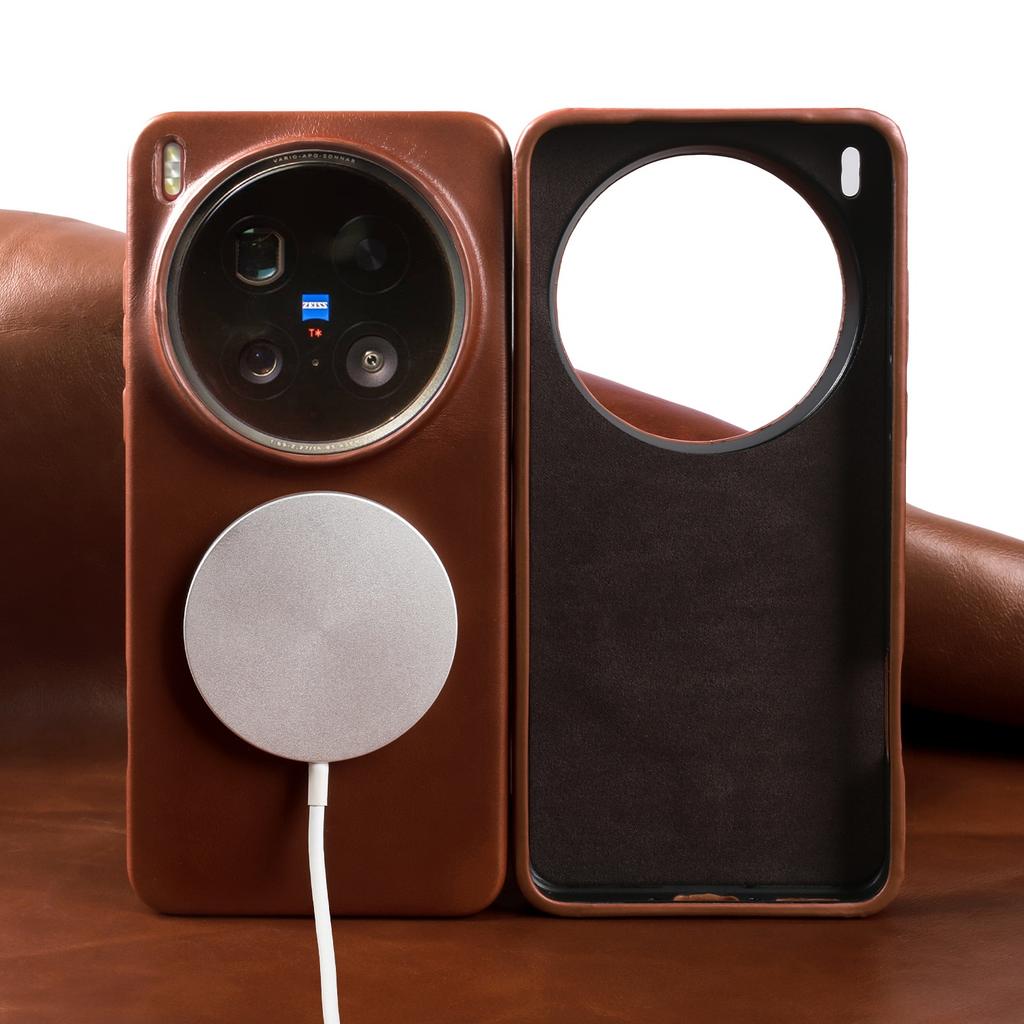 Para Capa Magsafe Para Vivo X200 Ultra X300 X100 X80 X90 Capa de Couro Genuíno de Couro Bovino com Cera de Óleo de Grão Integral Capas Magnéticas