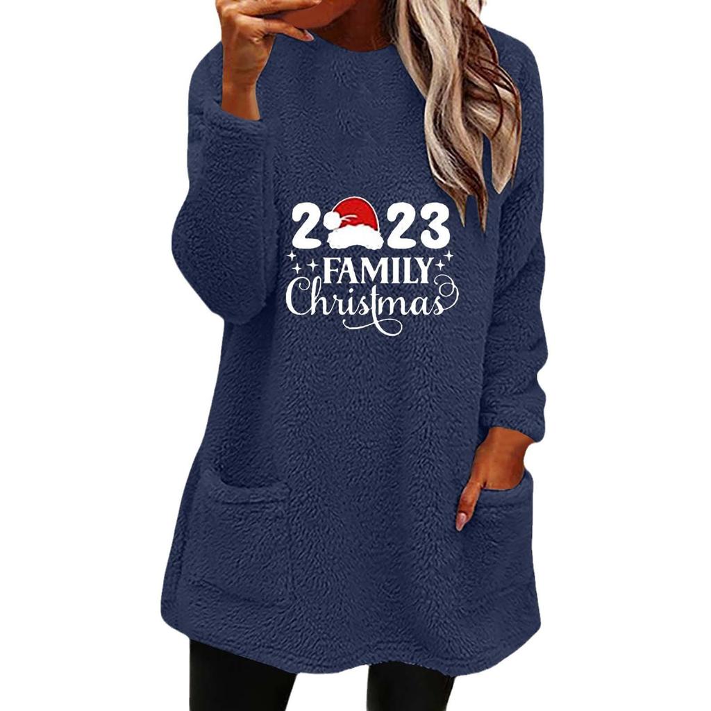 Autumn Winter Women's Christmas Print Round Neck Loose Long Sleeve Pocket Plush Hoodie