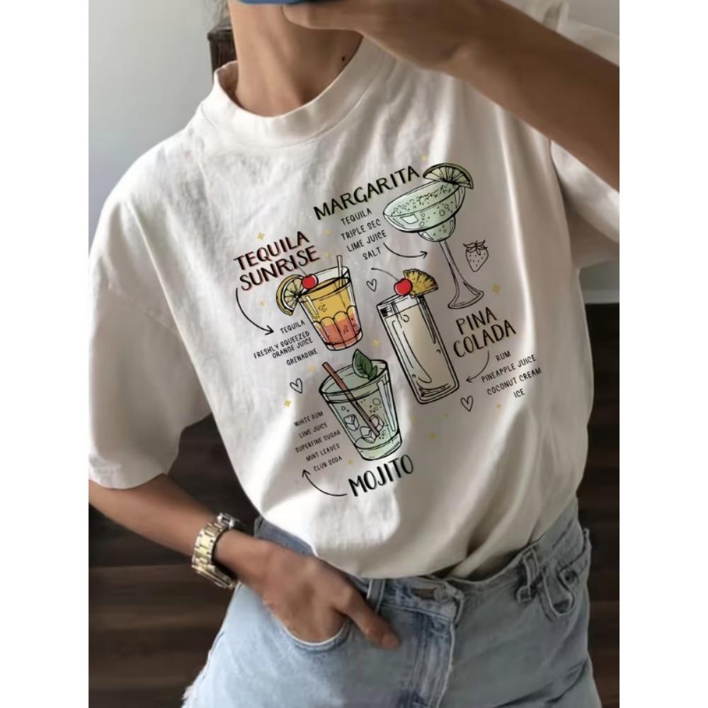 Retro Skeleton Hand Margarita T-Shirt Y2K Checkerboard Lightning Bolt Cocktail Print Tee Soft Short Sleeve