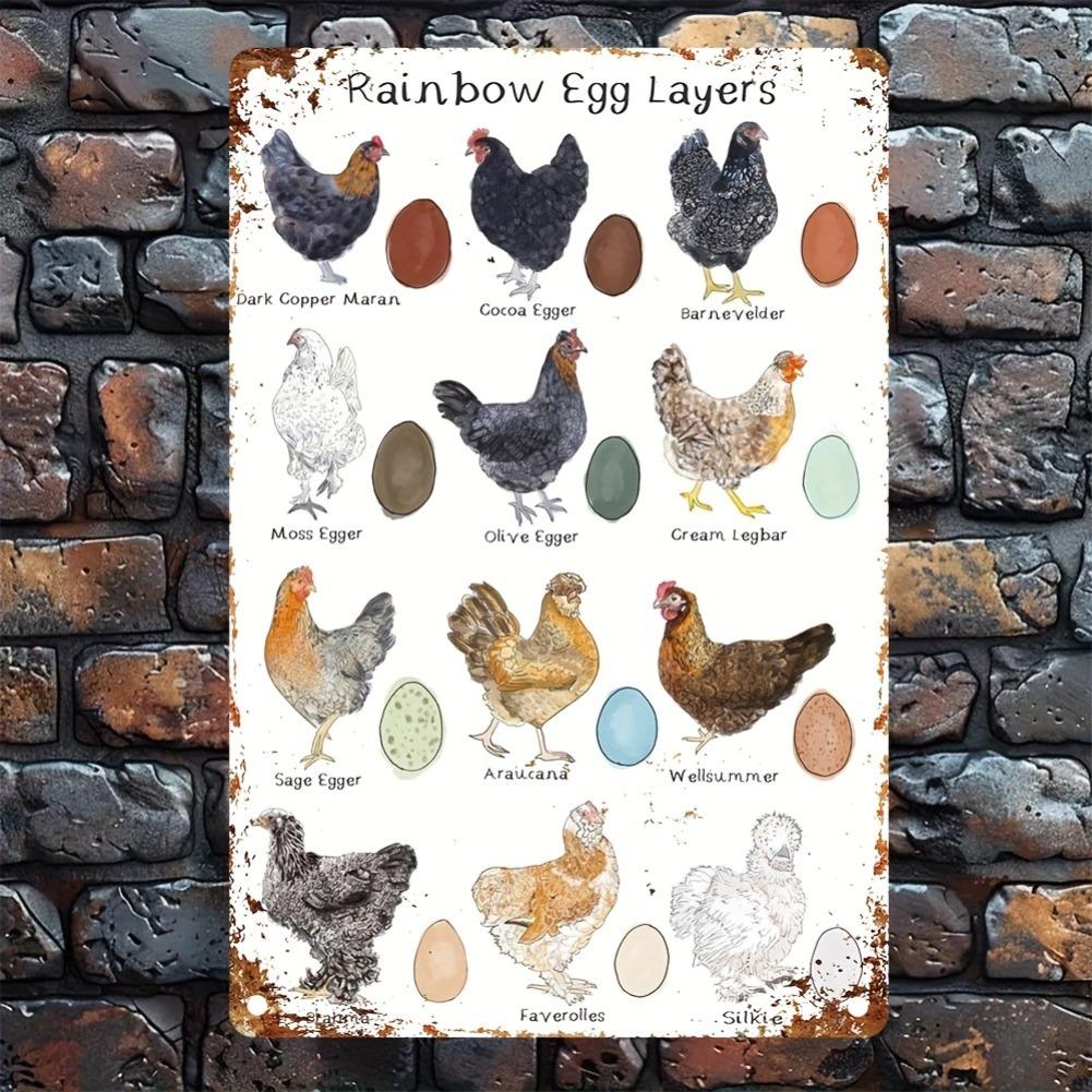 Vintage Chicken Breeds Metal Sign - Rustic Farmhouse Wall Art with Colorful Egg Design, Frameless Iron Poster for Home, Kitchen