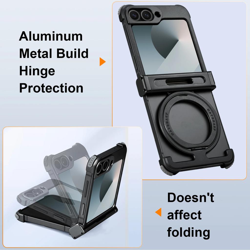 Oatsbasf for Samsung Galaxy Z Flip 6 Phone Case with 360° Rotation Stand Metal Magnetic Frameless Shockproof Protective Cover