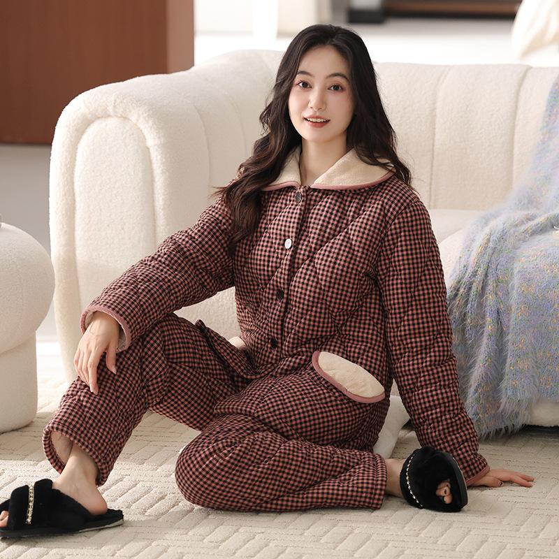 Three-Layer Woven Pure Cotton Padded Pajamas, Women'S Winter Thickened And Velvet Padded Jackets, Warm Loungewear Can Be Worn Outside