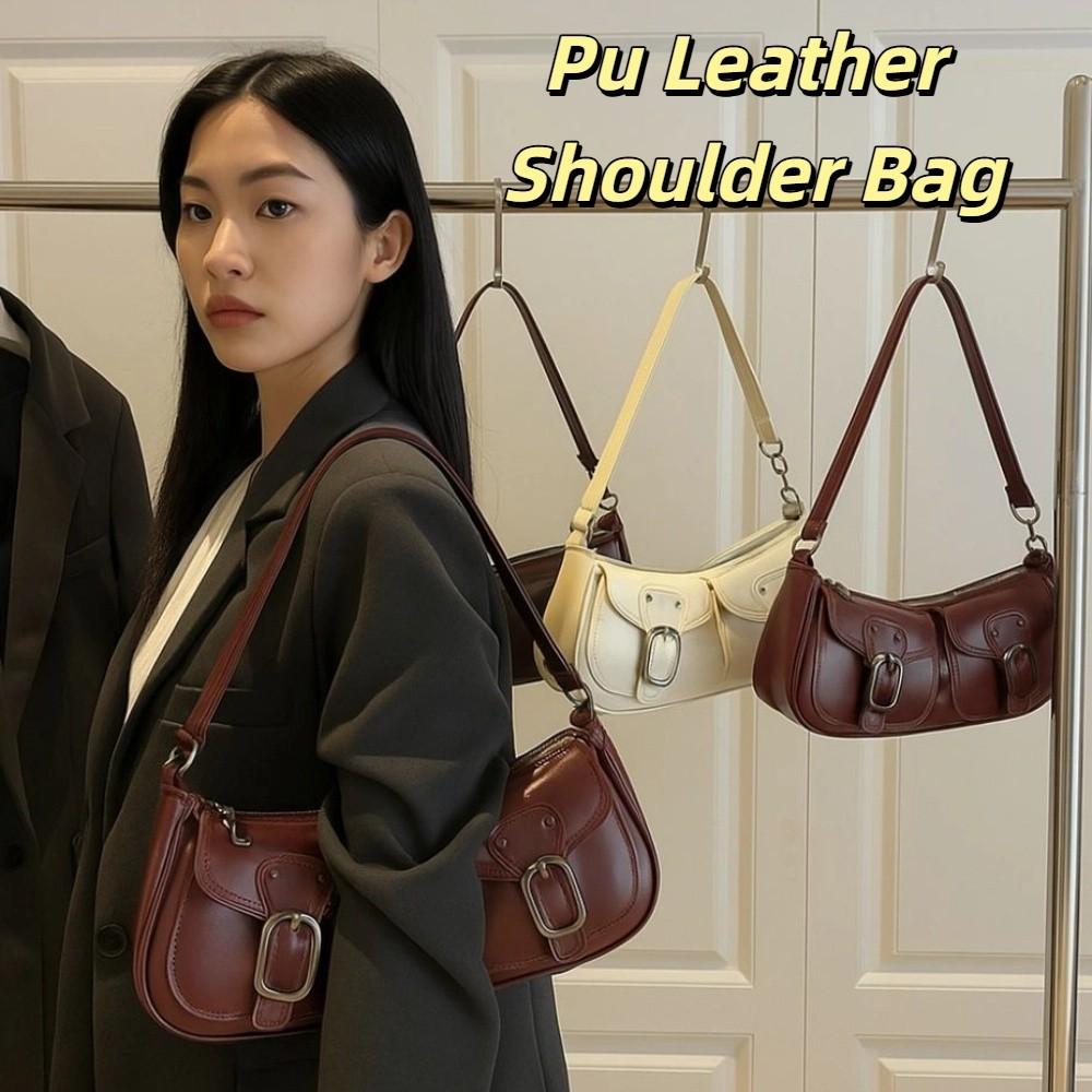Vintage Women's Armpit Bag Double Pockets Zipper Handbag Pu Leather Shoulder Bag  Spicy Girls