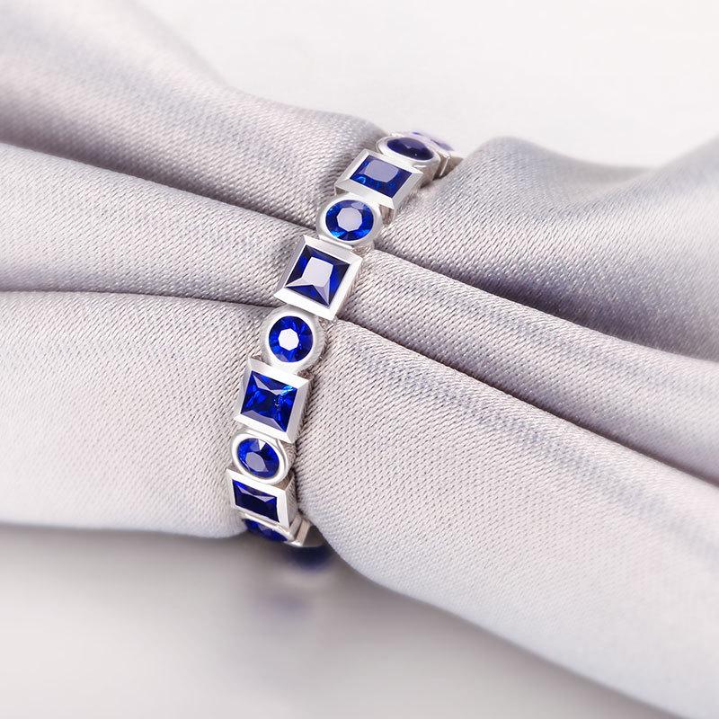 Simple Row Diamond Synthetic Sapphire Ring Female Colored Treasure Open Engagement Ring