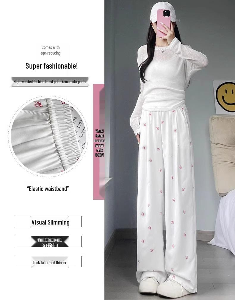 White Floral High-Waisted Yamamoto Summer 2025 Bowknot Wide-Leg Casual Pants