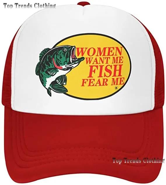 Custom Bass Fishing Unisexs Trucker Hat Mesh Cap Women Want Me Fish Fear Me Baseball Cap FisherUnisex Fish Gift for Hunting Fishing