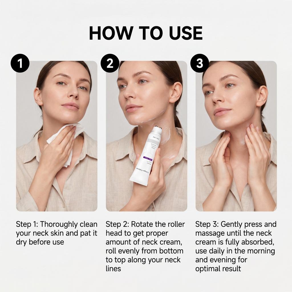 Collagen Fullerene Neck Cream Roller Massager Firming Tightening Eliminate Double Chin Hydrating Reduce Neck Fine Lines 50g