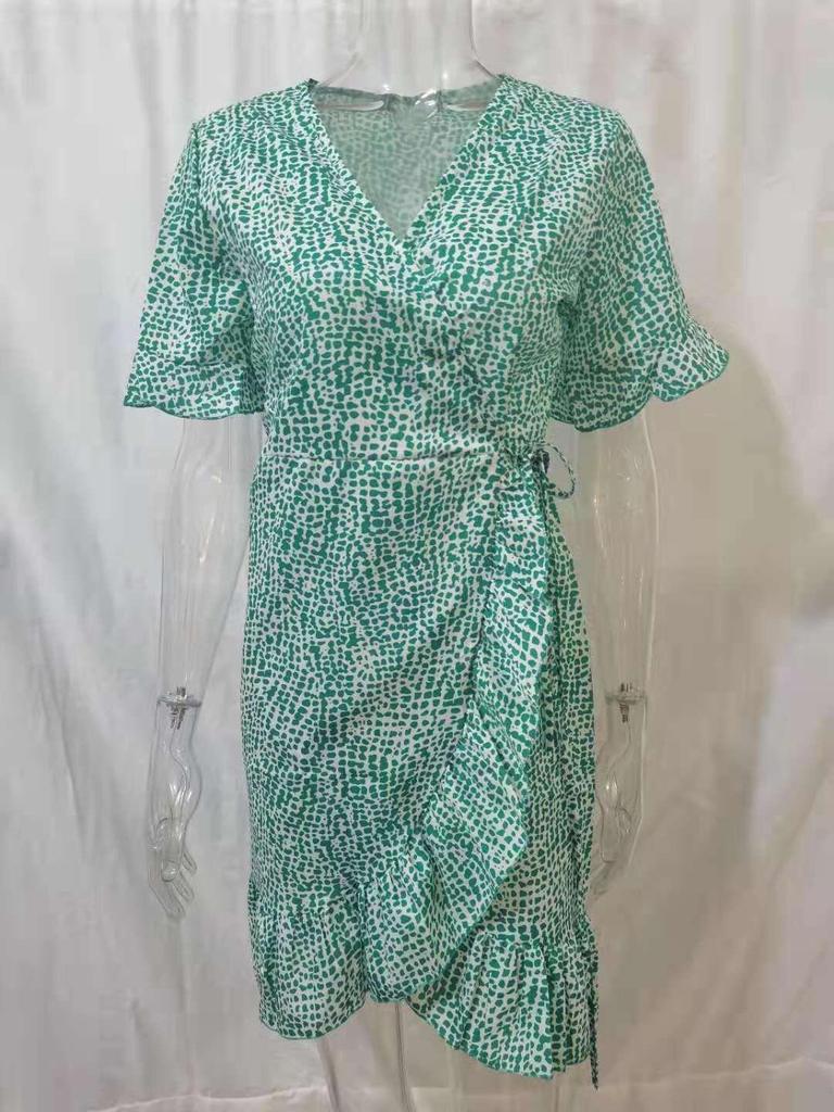 Printed V-Neck Tie High Waist Chiffon Floral Dress