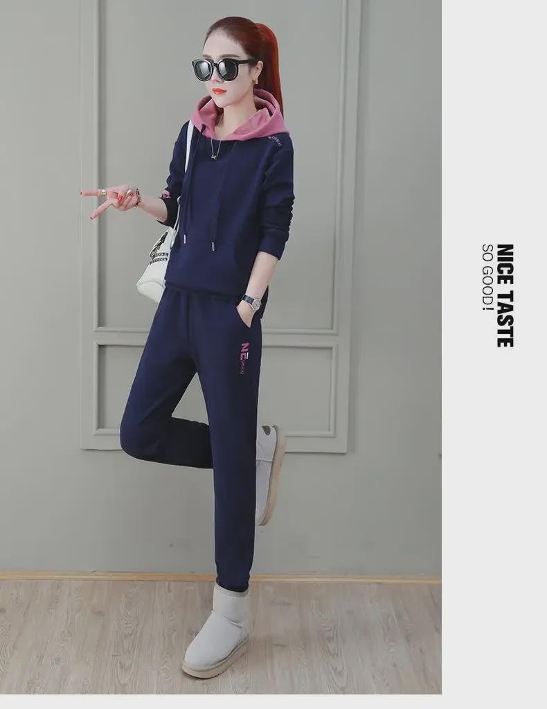 Damen Plüsch Kontrastfarbe Bestickter Sportanzug: Lockeres Pullover- und Hosen-Zweiteiler-Set für Herbst/Winter.