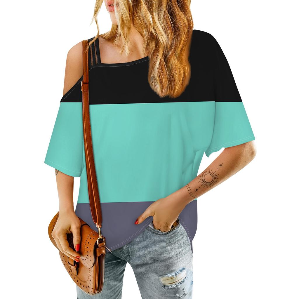 Damenmode One-Shoulder Color Block Sexy Mittelärmeliges Casual T-Shirt