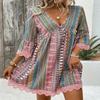 Vintage Printkleid Damen Mode Boho Sexy V-Ausschnitt Langarm Locker Kleider Für Frauen Sommer Urlaub Vestidos Damen Kleidung Neu