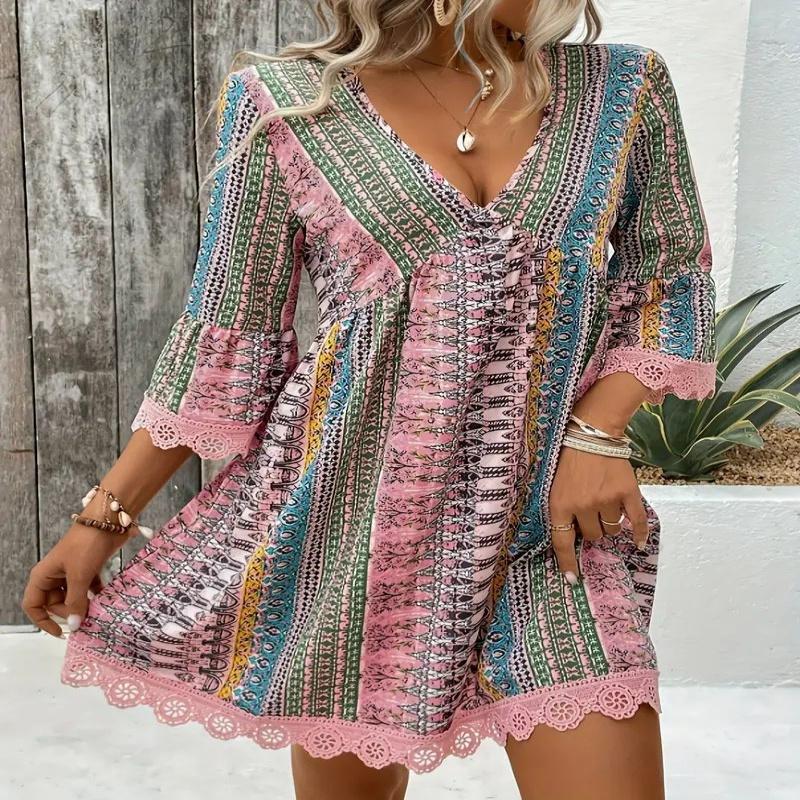Vintage Printkleid Damen Mode Boho Sexy V-Ausschnitt Langarm Locker Kleider Für Frauen Sommer Urlaub Vestidos Damen Kleidung Neu