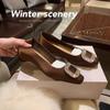 Diamond buckle exquisite small square head satin light mouth thick heel Mary Jane shoes flat single shoes women