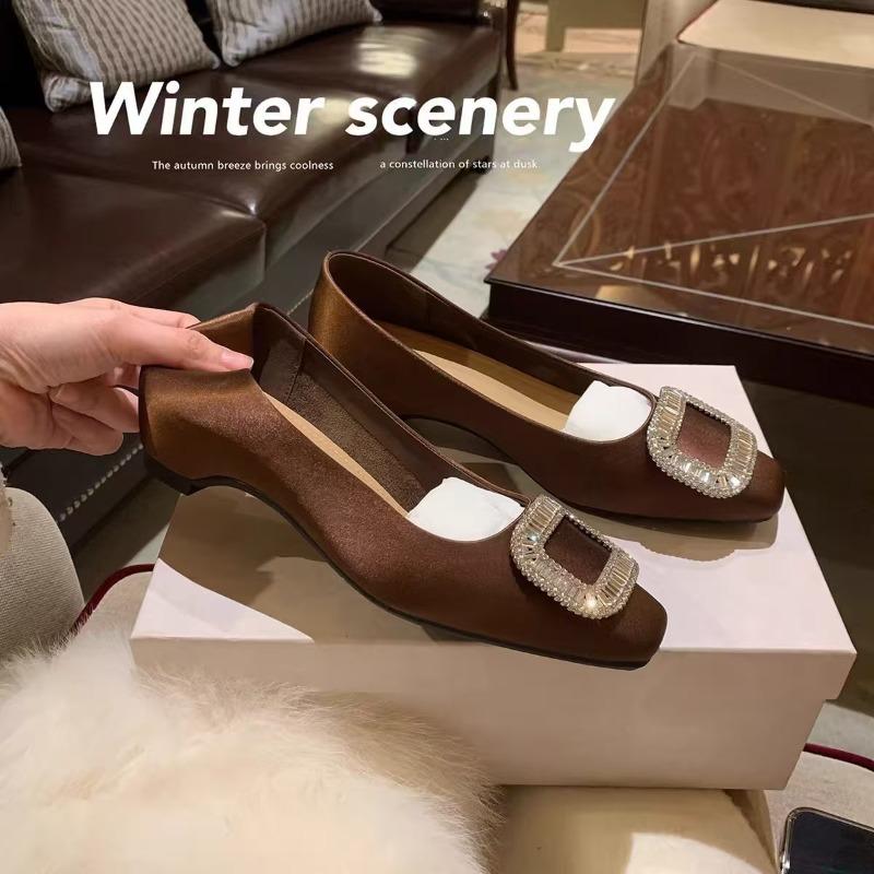 Diamond buckle exquisite small square head satin light mouth thick heel Mary Jane shoes flat single shoes women