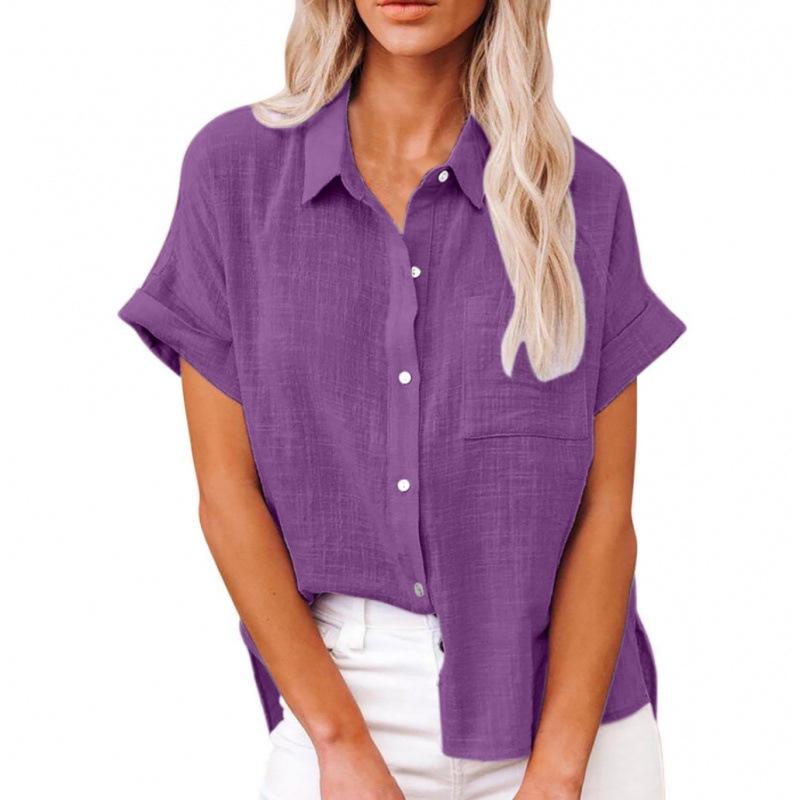 Summer New Women's Clothing Solid Color Linen Shirt Short Sleeve Casual Loose Shirt