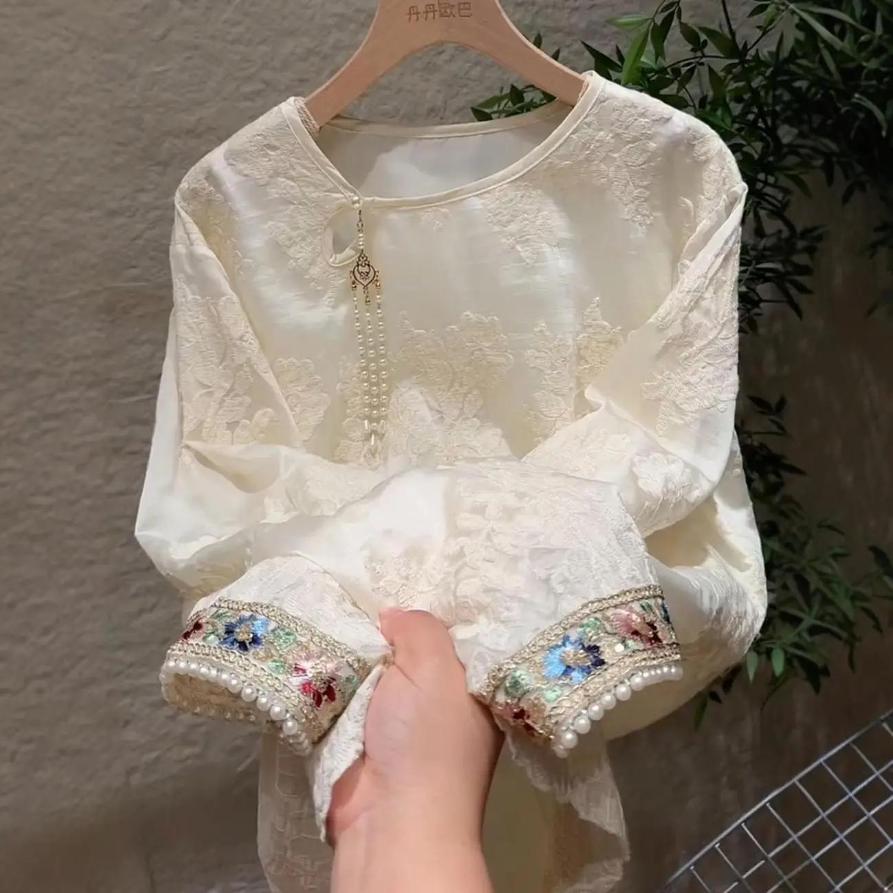Женская новая блузка с вышивкой и кружевом в китайском стиле Весенняя коллекция Элегантный топ с длинным рукавом XXS