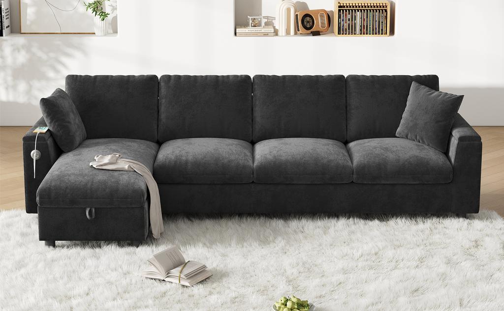 Chenille fabric sofa, L-shaped corner and two armrests with storage space. Fold-out coffee table with two drink holders, 1 USB, 1 Type-C. gray