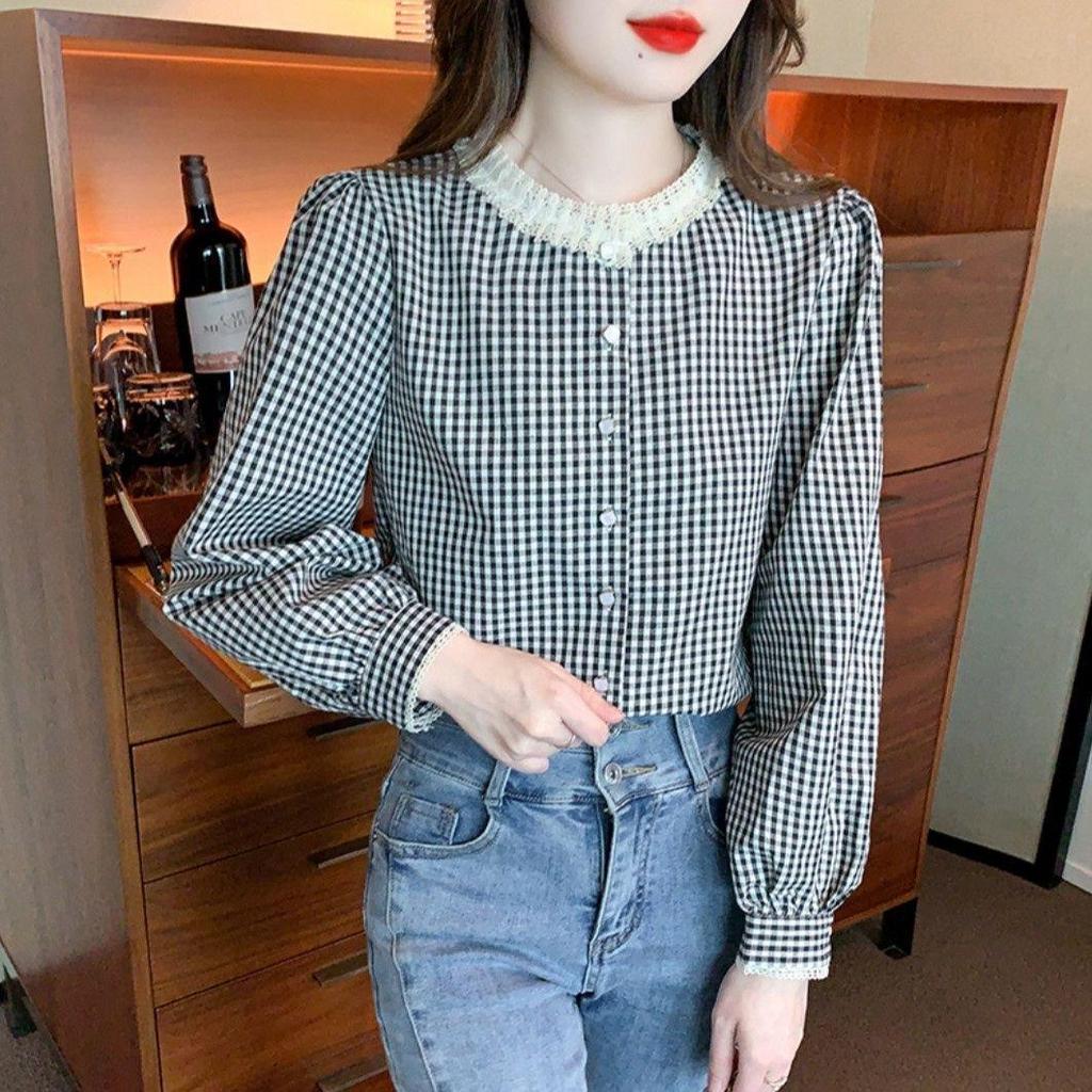2025 Retro Checkered Lace Long Sleeve Shirt for Women - Spring/Autumn Round Neck Top