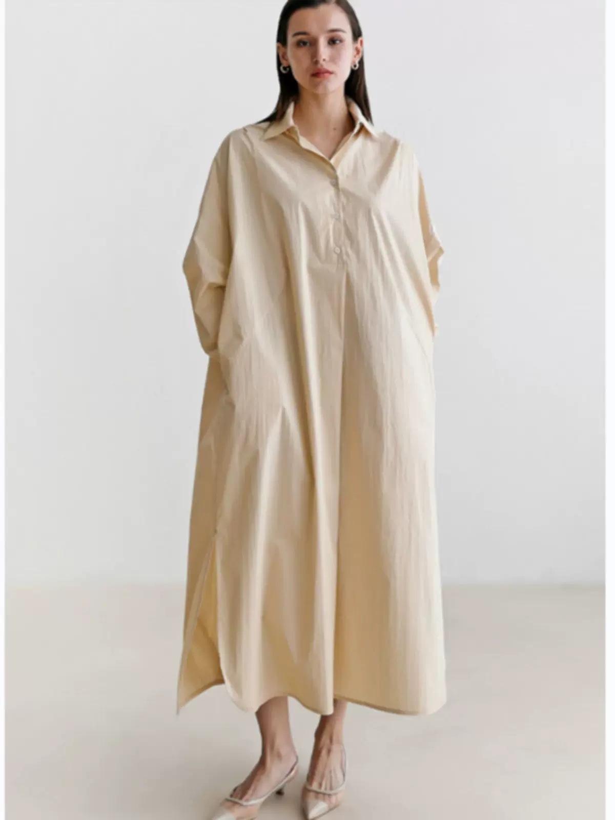 

Летнее платье Johnature с длинными рукавами для женщин в корейском стиле, свободные повседневные платья с разрезами и отложным воротником XL легкие хаки