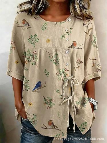 European and American summer new women's tops, shirts, geometric printing buttons, drawstrings, half-sleeved tops, T-shirts, women's clothing