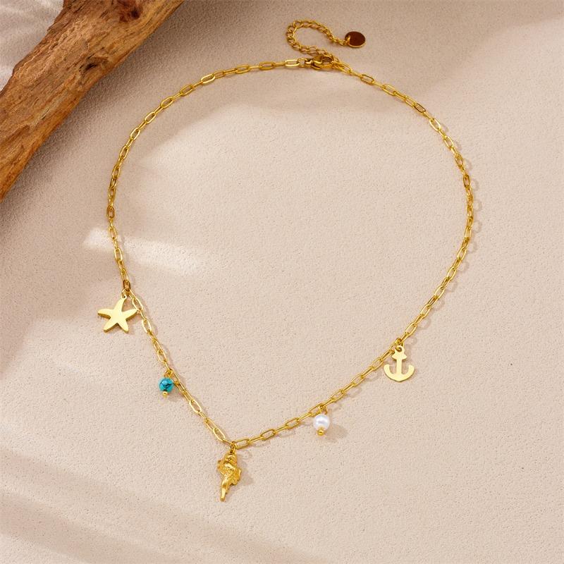 Gold Paperclip Chain Ocean Charm Necklace with Starfish and Anchor золотой