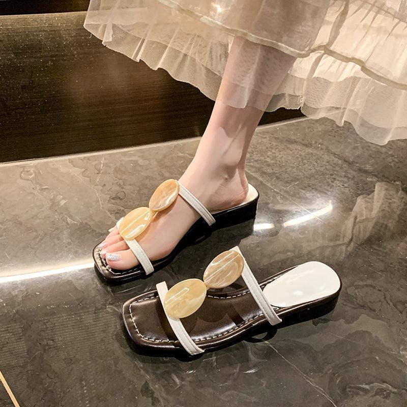 

2025 summer new outer wear color matching temperament thick heel literary retro fashion versatile I-shaped high heel cool slippers women 35