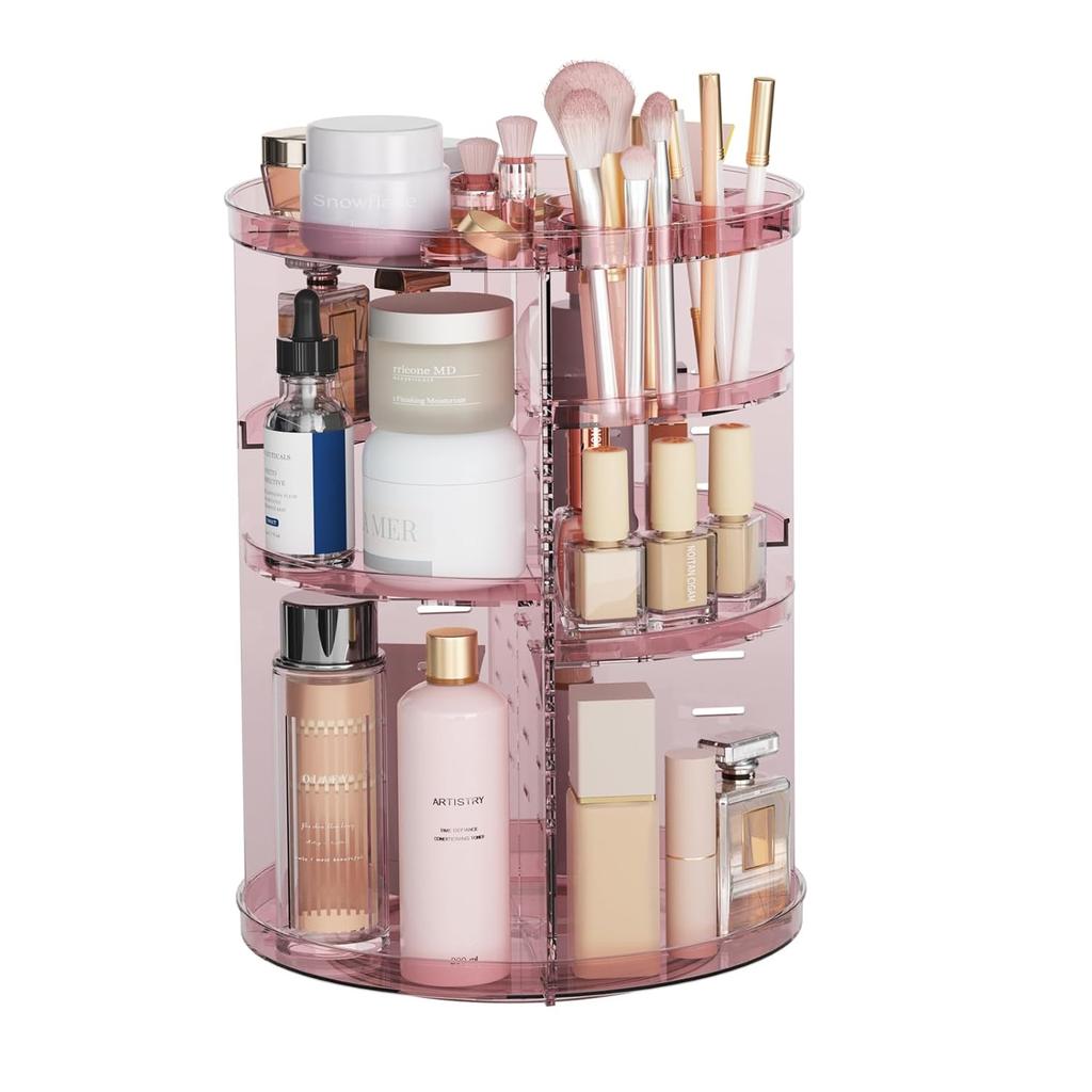 Rotating Makeup Organizer, Adjustable Layers Spinning Skincare Organizer, Cosmetic Display Case with Brush Holder Perfume Tray
