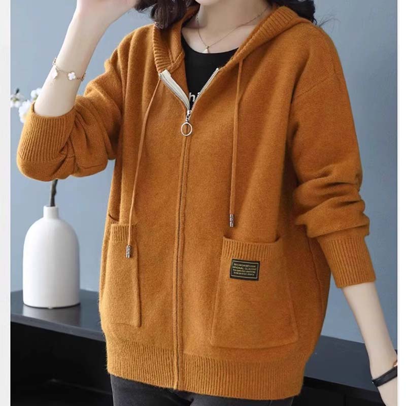 Cárdigan de Punto de Lana con Capucha de Color Sólido Otoño Mujeres Suéter de Manga Larga Holgado Cremallera Prendas de Punto Abrigo