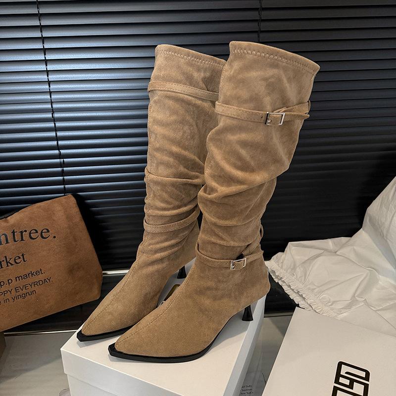 

Универсальные плиссированные ботильоны-стилеты с острым носком 2025 женские с ремешком и пряжкой ковбойские сапоги в западном стиле рыцарские сапоги длинные сапоги 40 хаки