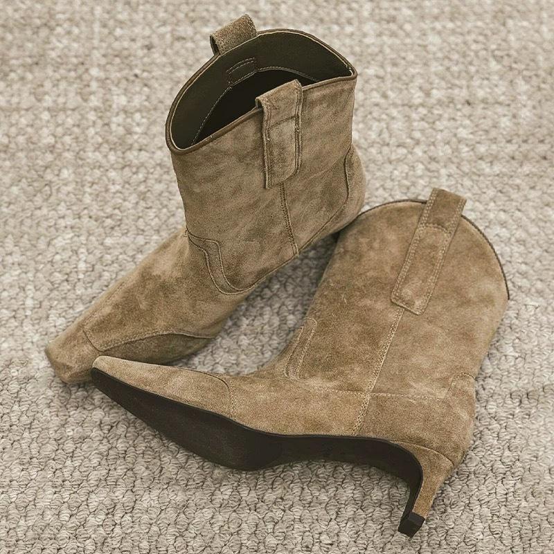 Korean version of niche suede face square head middle heel thin boots women's 2025 autumn and winter velvet western cowboy boots short boots