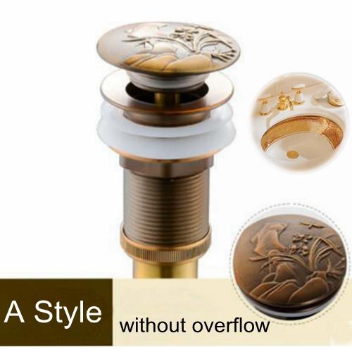 Bathroom Lavatory Basin Sink Pop Up Drain with Round Carved Cover  Brass with & Without Overflow Vanity Sink Waste Drainer