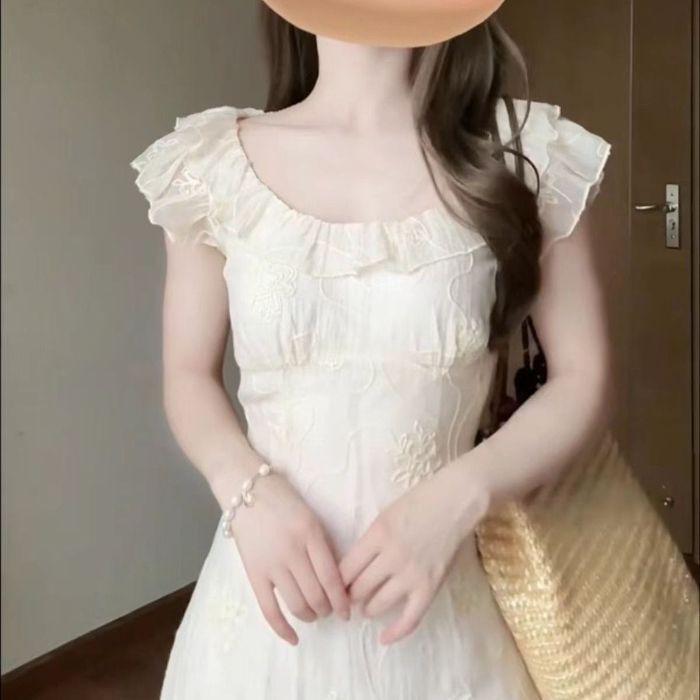 Elegant French Puff Sleeve Summer Dress - Pure Milk Slim Fit Small