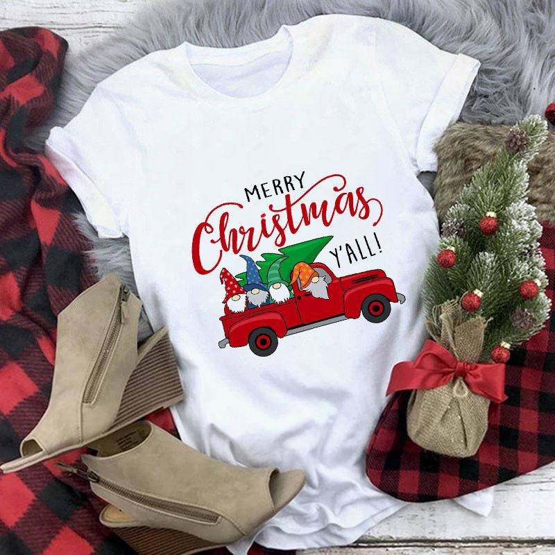 Women's Crew Neck Short Sleeve Graphic Print Christmas T-Shirts Loose Fit Casual Tees