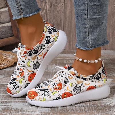 Baskets à plateforme à imprimé citrouille d'Halloween tendance pour femmes 2024 Chaussures de sport confortables à lacets Femme Mode Graffiti Baskets décontractées