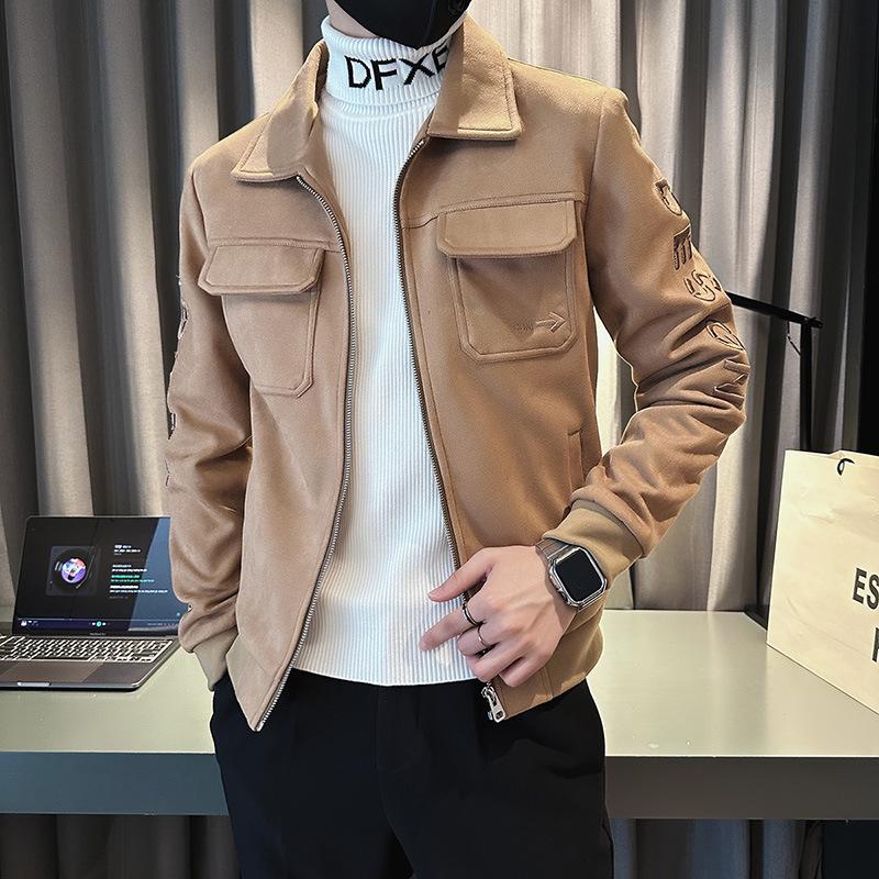 

Мужская модная куртка из оленьей кожи с вышивкой 2023 года — повседневная, молодежная, короткая модель на осень/зиму 3XL чёрный