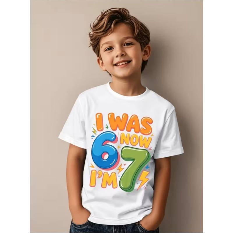 Boys' 7th Birthday T-Shirt Number 67 & Lightning Bolt Design - Round Neck Short Sleeve Party Outfit for 7 Yea