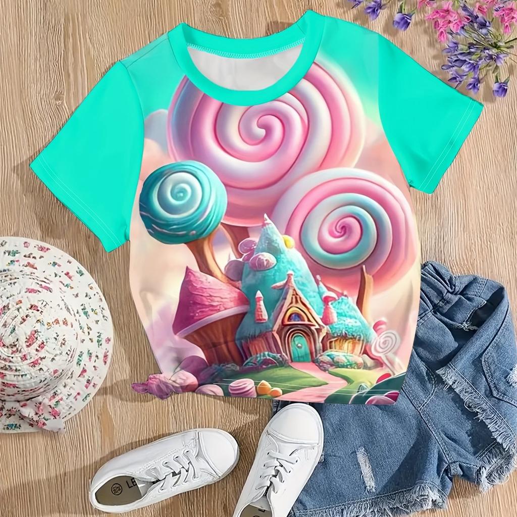 Children's Clothing Girl T-Shirt 3D Candy Color Print T-Shirt O-Neck Short Sleeve Tops Kids Summer Outdoor Casual Girl Clothes