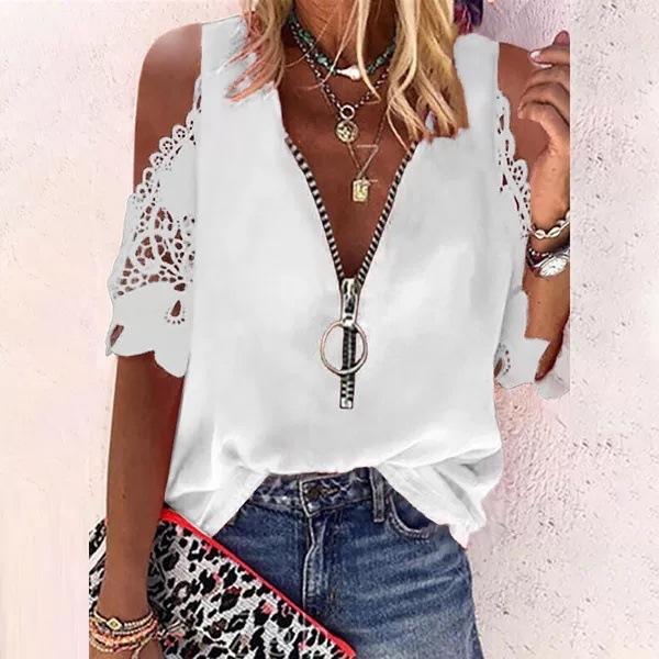 

New spring, summer and autumn European and American women s clothing V-neck suspenders hollow sleeves leisurely shirt S белый