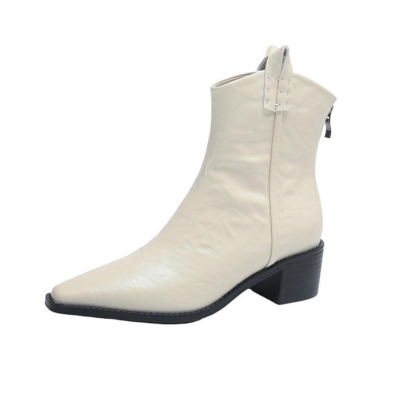 Fashion Retro Pointed Toe Zipper Ankle Boots Women Fashion Western Style V-Notch Designer Boots High Quality Soft Leather Casual Boots