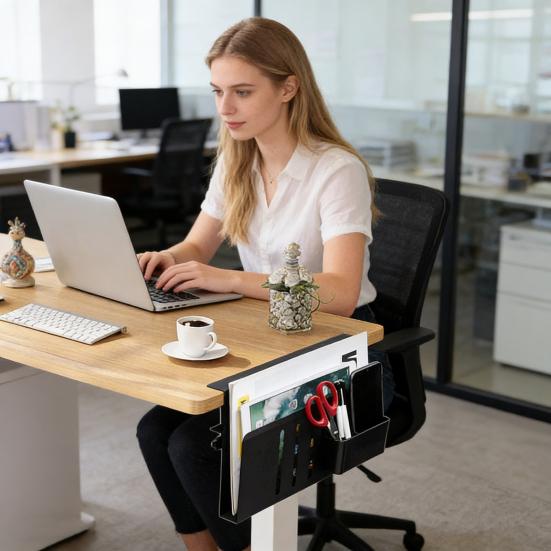 Desk Side Organizer with Magnetic Pen Holder Heavy Duty Carbon Steel No Drill Home Office Table Side Laptop Computer Notebook Holder Storage Rack