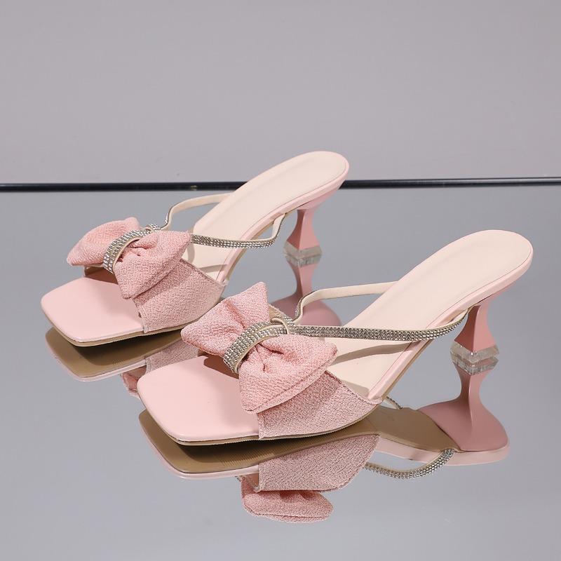 Fashion Elegant Ladies Crystal Strap High Heels Sandals Women Summer 2025 Pink Bowtie Party Wedding Shoes Woman Size43 Gladiator Shoes