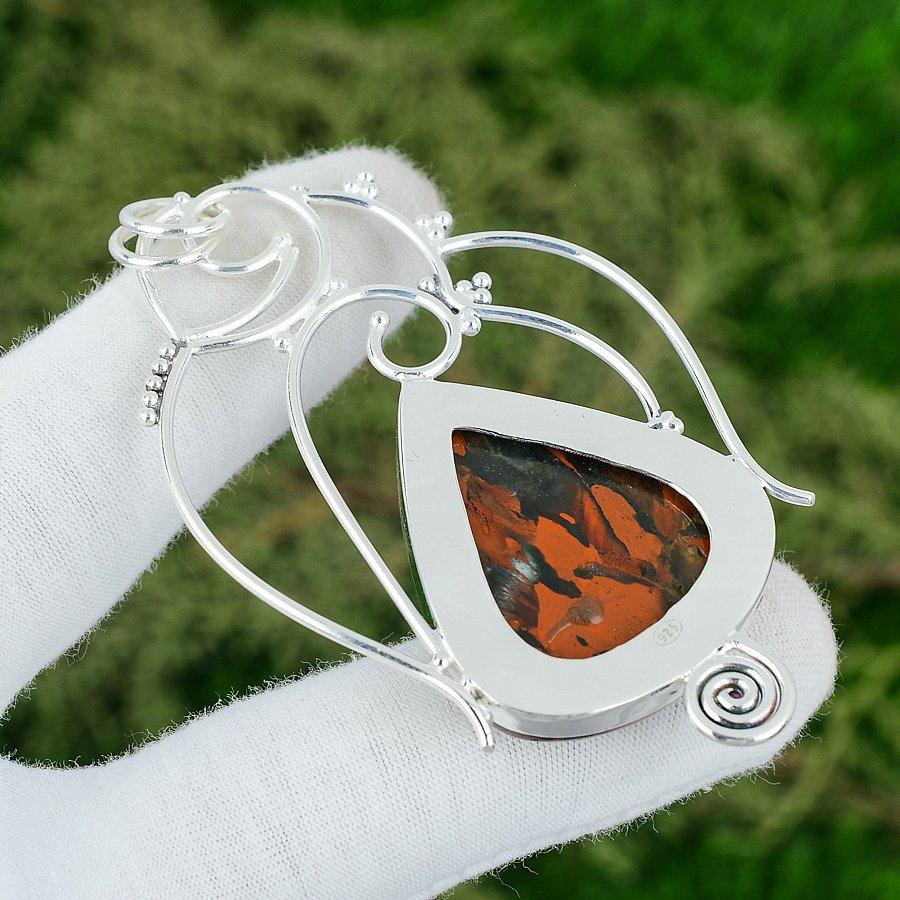 Mothers day Sale Pear Natural Red Snakeskin Jasper Pendant Jewelry 925 Silver