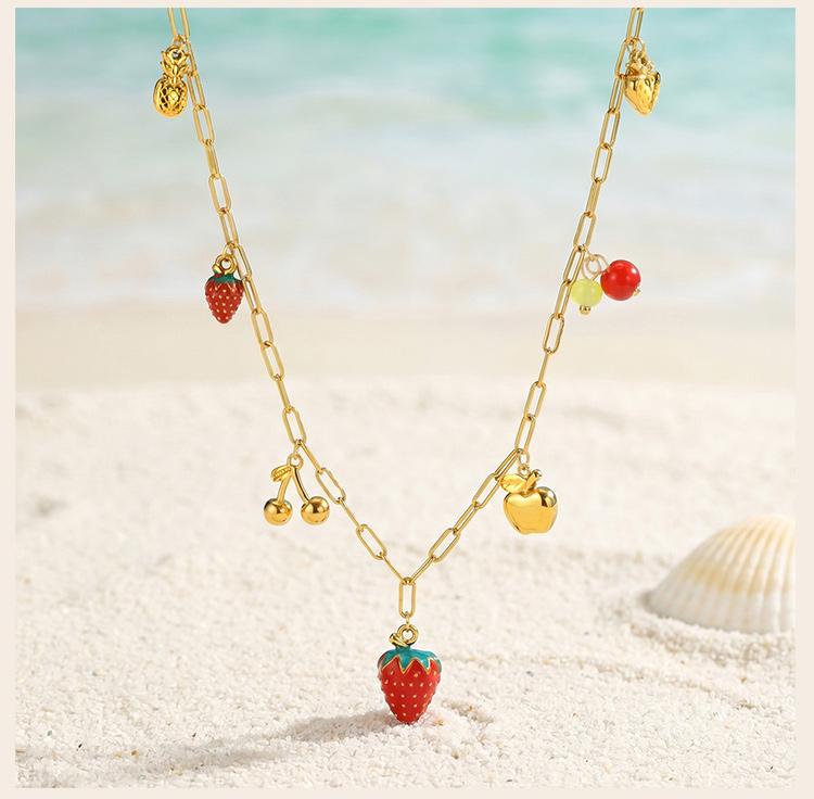 Fruit Necklace for Women, Adjustable Paperclip Chain, Y2K Cute Strawberry Apple Cherry Enamel Charm Pendant Jewelry Gift