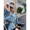 Women's Summer Seaside Loose Beach Dress Wears Holiday Lazy Long Dress Retro Blue Smudge Suspender Dress