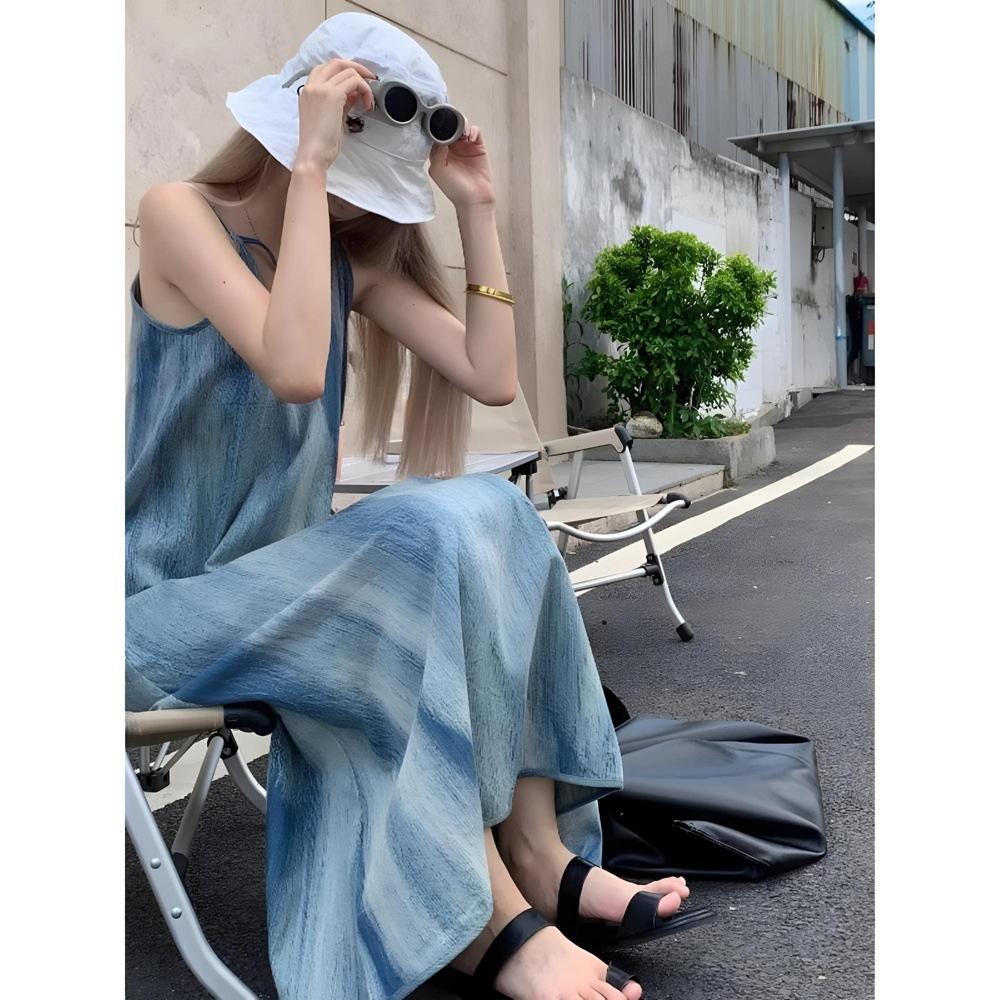 

Женское летнее приморское свободное пляжное платье, праздничное ленивое длинное платье, ретро синее платье на бретелях с размытым принтом XL- (recommended 110-60kg)