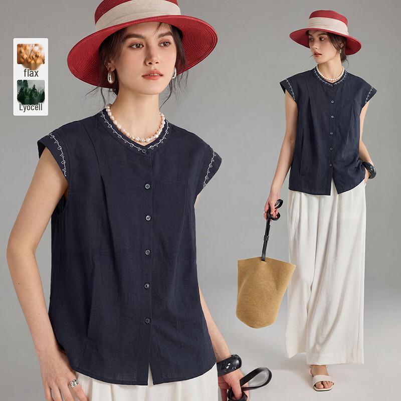 Wudao French Chic Tencel Linen Blend Blouse with Embroidered Flutter Sleeves L