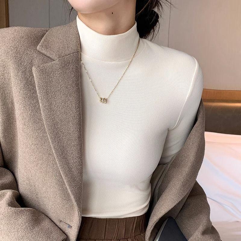 Elegantní dámské pletené tričko s polozvýšeným krkem - Lehký luxus, s dlouhým rukávem a tenké na podzim/jaro.