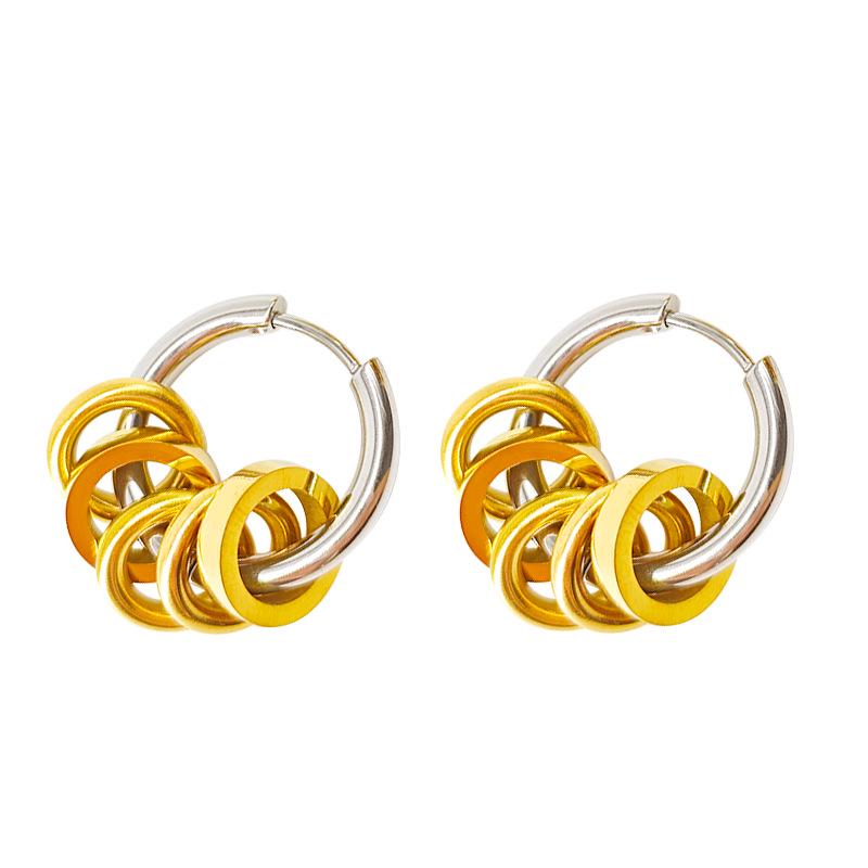 Trendy 18K Gold Stainless Steel Color Block Polished Round Hoop Earrings - Non-Fading, Versatile Jewelry